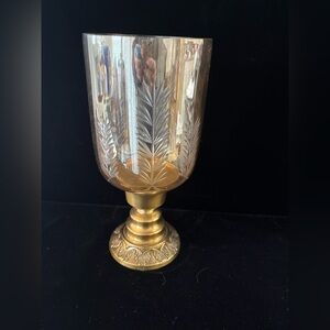 Brass and glass etched hurricane candle holder